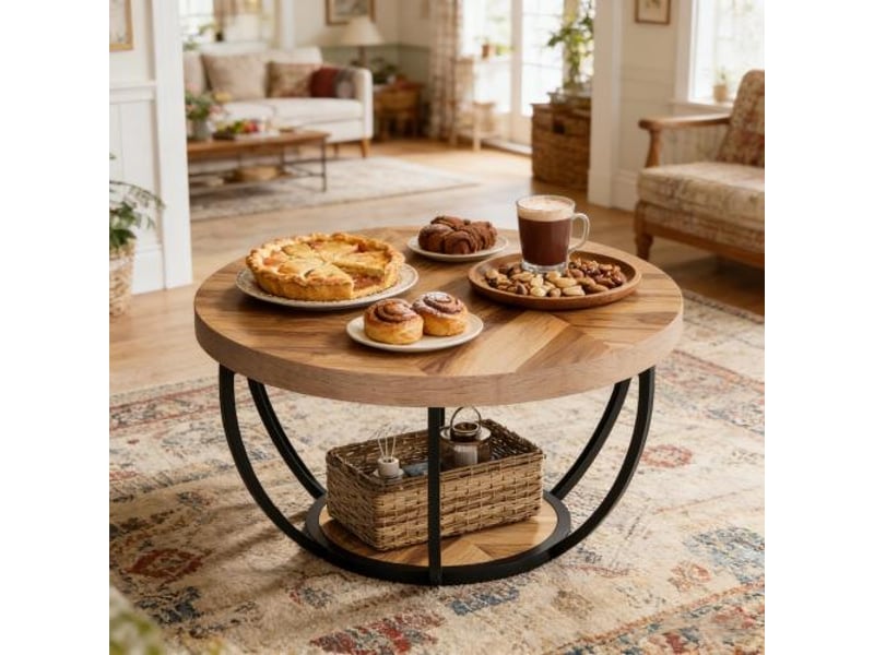  Table basse ronde avec 2 niveaux de rangement, pour salon, en métal et bois, bois, 88,5 × 87 × 10 cm  - Conforama C