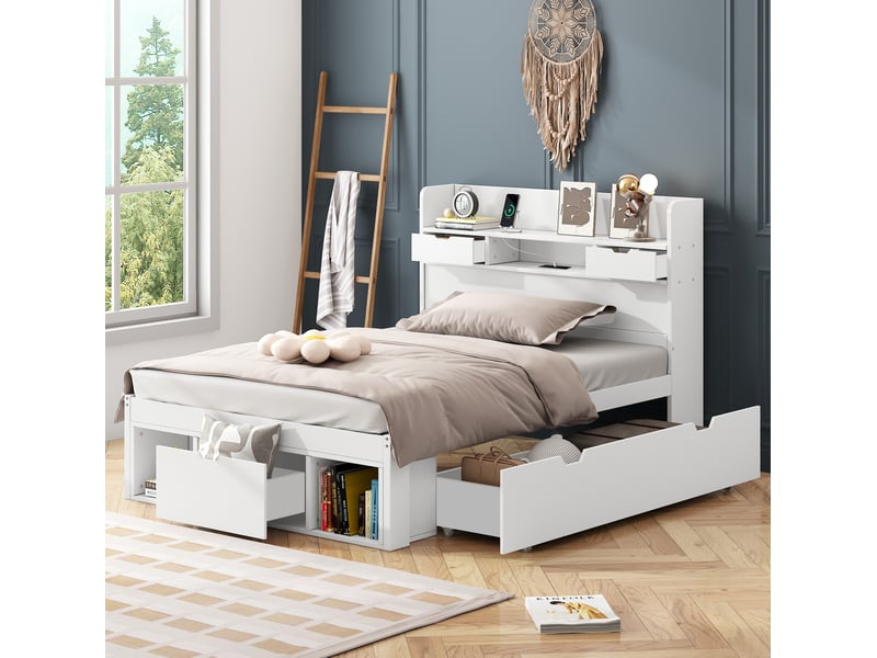  Lit enfant 90x190 cm avec rangement, usb et prises blanc  - Conforama E