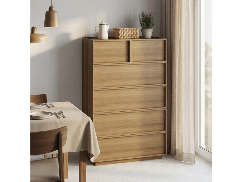  Commode 80x48x127 cm, 6 tiroirs, grand rangement, buffet, sans poignées, meuble cuisine, mdf, aggloméré, couleur chêne  - Conforama D