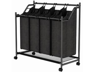 Panier à linge à 4 compartiments, capacité de 108 l, roues et poignée de transport, noir.