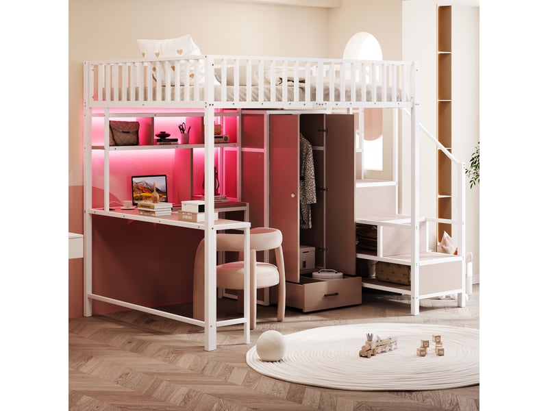  Lit enfant 140x200 cm avec éclairage led, lit mezzanine, lit double avec bureau et tiroirs, lit 2 personnes, blanc  - Conforama A