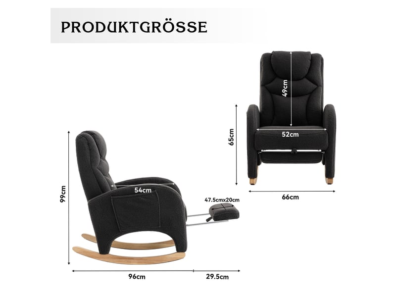  Fauteuil à bascule relax avec repose-pieds pliable, appui-tête et dossier ergonomique en tissu teddy gris foncé  - Conforama D