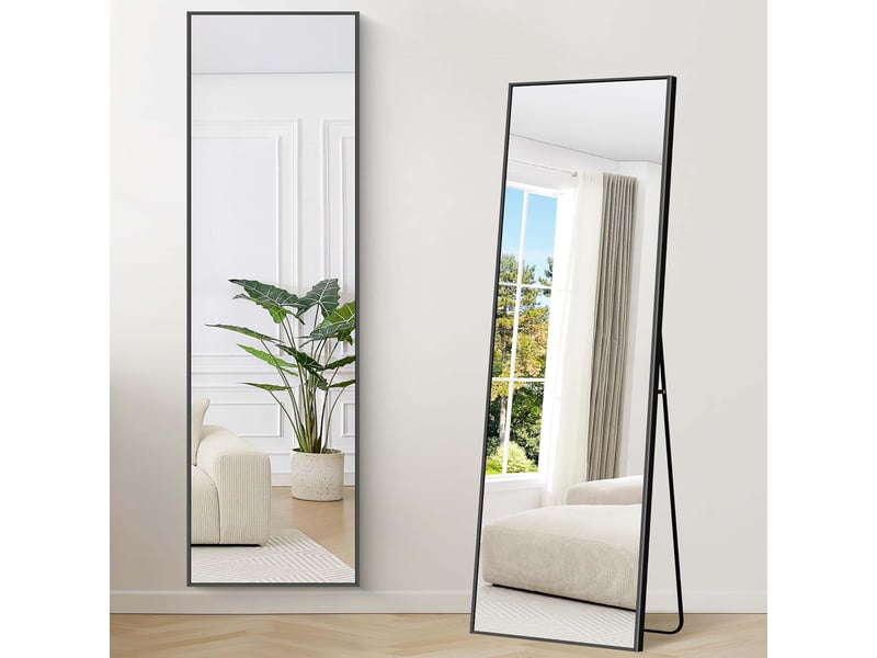  Miroir sur pied 162x53cm,miroir pleine longueur rectangulaire, miroir mural ou à sol,avec cadre en aluminium noir, pour salle de bain,chambre, entrée  - Conforama W