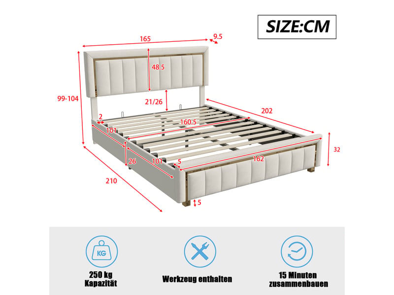 Lit coffre 160x200, lit 2 places avec rangement hydraulique, tête de lit et sommier à lattes, velours beige  - Conforama C
