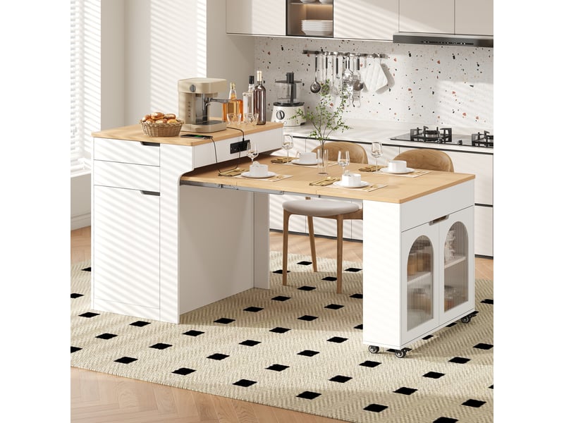  Îlot de cuisine - 71,2x36x93 cm blanc - table extensible multifonctionnelle avec roulettes, prises électriques et portes en verre cannelé  - Conforama D