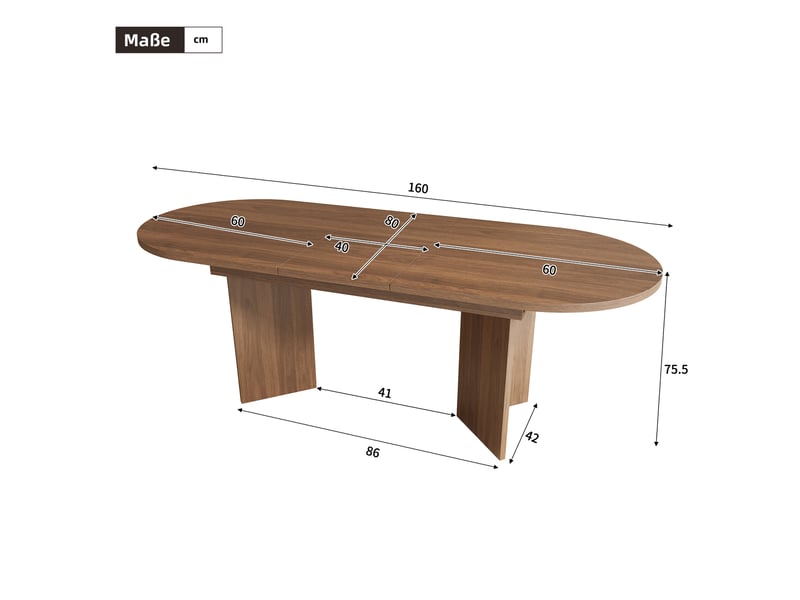 Table à manger extensible 120–160 x 80 x 75,5 cm, avec bords arrondis, plateau épais, pour 4 à 6 personnes, noyer - Conforama C