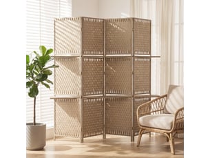 Séparateur de pièces 4 panneaux 2 étagères pliables naturel paille