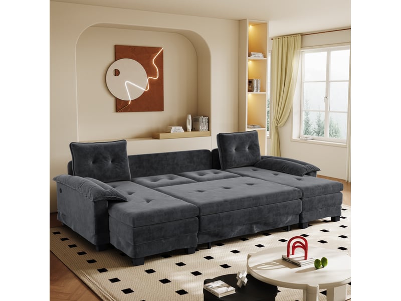  Canapé-lit panoramique en u 4 places 278x127x87 cm en chenille gris avec usb  - Conforama D