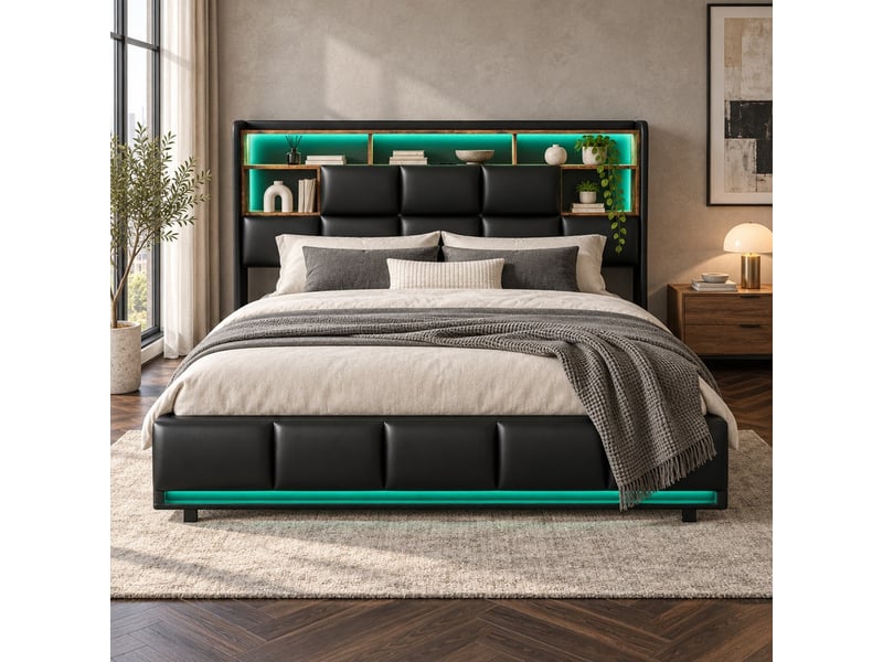  Lit coffre 2 places 140x200 cm avec rangement, lit adulte, 5 niches, minimaliste moderne, led, port usb, pu noir  - Conforama D