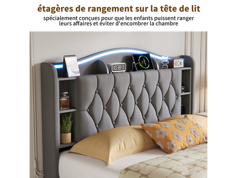  Kefsr lit coffre 140x190 cm en velours gris - lit adulte 2 places avec sommier relevable, éclairage led rgb, tête de lit avec rangement et prise usb charge sans fil  - Conforama W