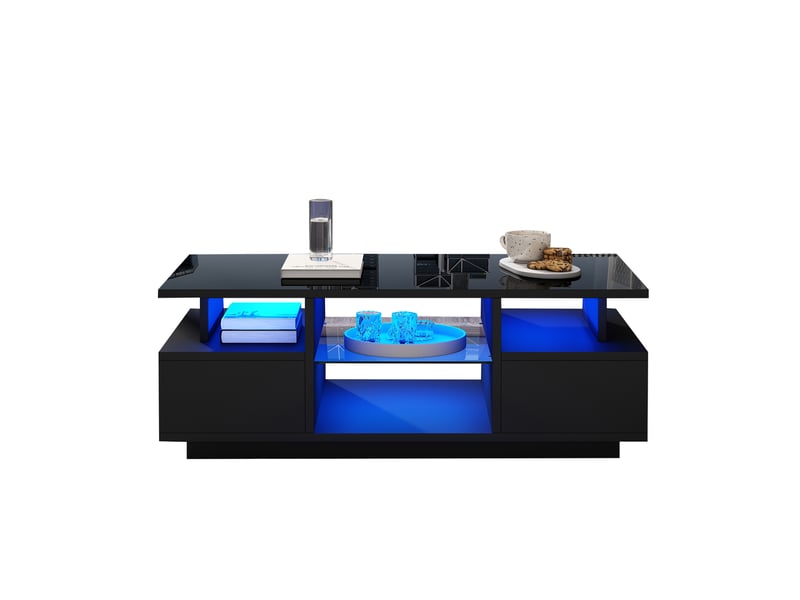  Table basse 100x50x36 cm - led connectée - 2 tiroirs + étagères verre - finition laque brillante - noir BUYDEEMEUS - Conforama A