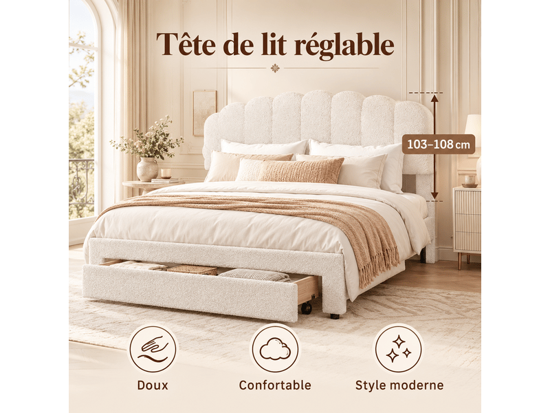  Lit 160x200cm avec grand tiroirs tête de lit rembourré double lit 2 personnes lit adulte lit capitonné lit coffre lit fonctionnel cadre de lit avec chargement usb type-c - tissu sherpa - beige - velours teddy - chambre ado- somm…  - Conforama E