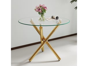Table à manger ronde moderne, verre trempé, pieds dorés, 80 × 80 × 76 cm, style minimaliste