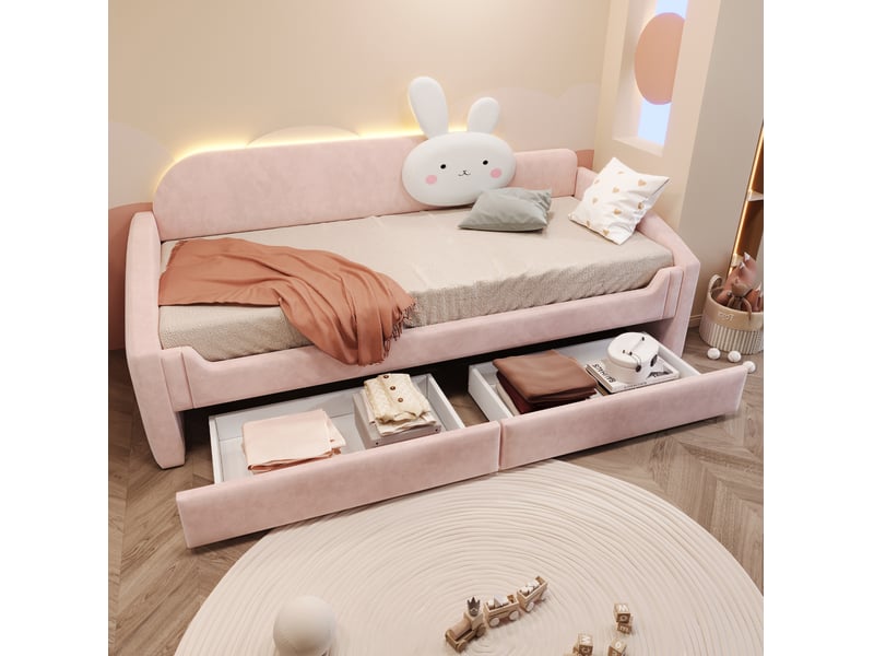  Lit enfant canapé 90 x 200 cm avec led, 2 tiroirs, velours rose et coussin lapin  - Conforama E