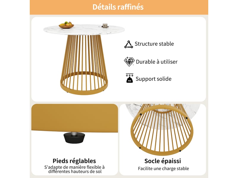  Table ronde ø 80 cm, table de salle à manger, effet marbre, pieds en métal, mdf, blanc et doré  - Conforama D