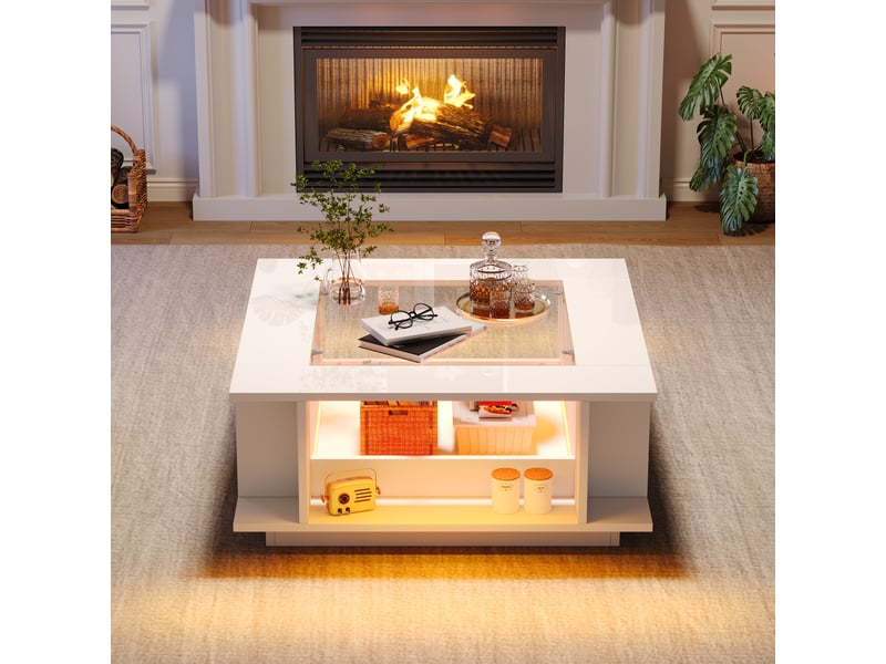  Table basse carrée blanche avec éclairage led - plateau en verre et rangement 70x70x30 cm  - Conforama R