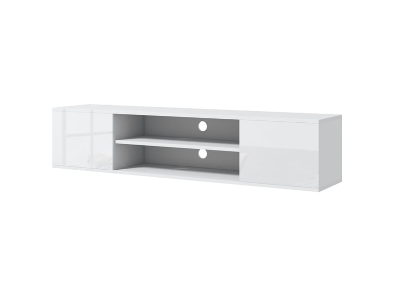 Meuble banc tv mural suspendu style contemporain 2 placards 2 niches centrales et 2 passe-câbles blanc 140 x 30 x 30 cm - Conforama B