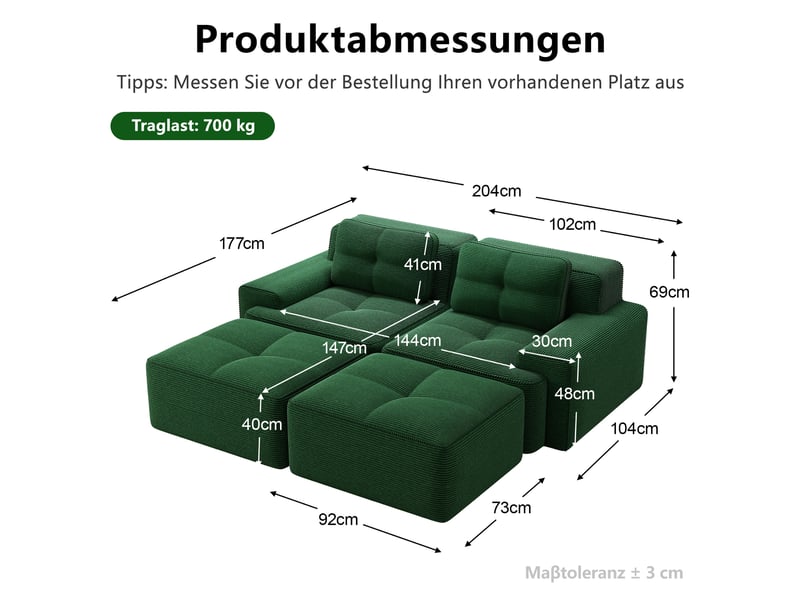  Canapé modulable d'angle en l,204x179x69cm,canapé 2 places sans structure avec 2 pouf,en velours côtelé,rembourrage haute densité 32d - vert  - Conforama C