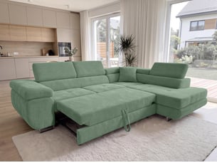 Canapé d'angle droit convertible <strong>AX LIVING </strong> <strong>Konak</strong> 4 places Velours côtelé vert avec coffre de rangement
