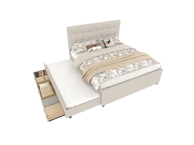  Lit 2 places rembourré 140x200 cm avec lit gigogne et 3 tiroirs beige  - Conforama A