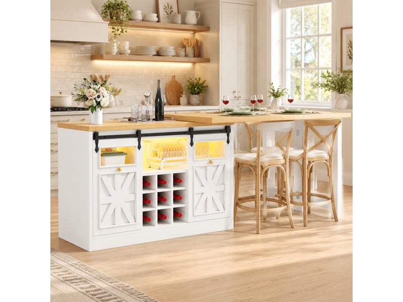 Buffet de cuisine avec table extensible pivotante à 360 degrés, led et rangement, pour salle à manger, en blanc  - Conforama C