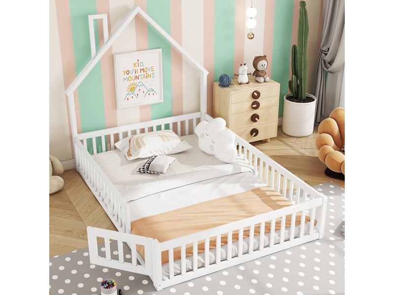  Lit enfant 140 × 200 cm 2 places avec barrières de sécurité et forme cheminée, sans matelas, en pin, blanc  - Conforama B