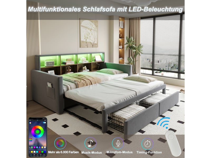 Lit canapé extensible velours gris foncé 90/180x190 cm avec 2 tiroirs, led et usb - Conforama B