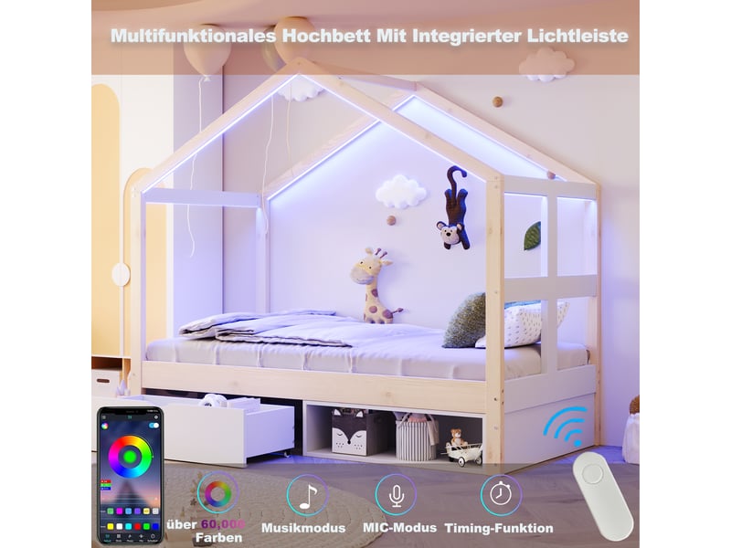 Lit simple enfant 90 x 190 cm avec tiroirs et petit meuble à chaussures, éclairage led et sommier à lattes, bois, couleur bois Morn Vibe - Conforama E