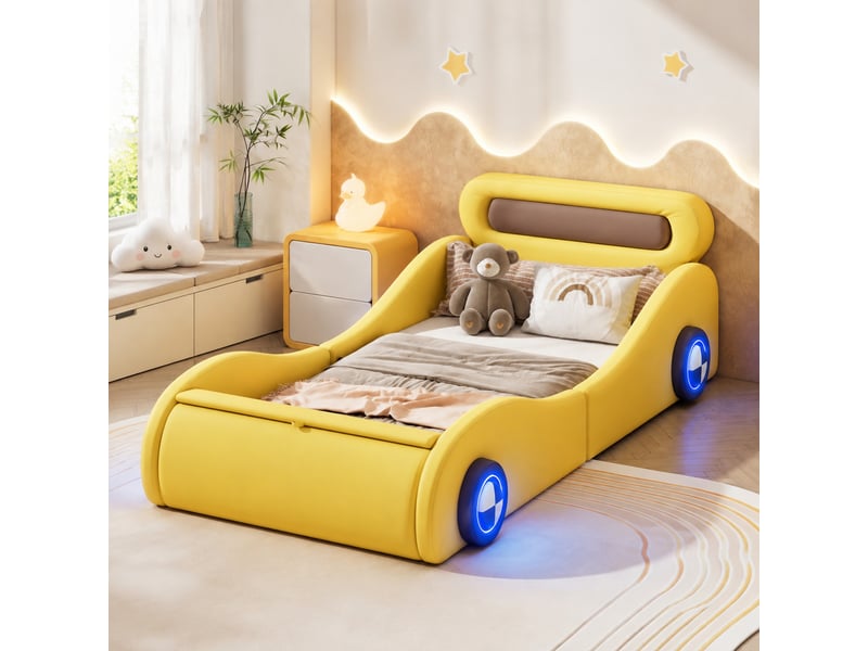  Lit enfant en forme de voiture 200×90 cm avec roues lumineuses et rangement, sans matelas, en pu et mdf jaune  - Conforama B