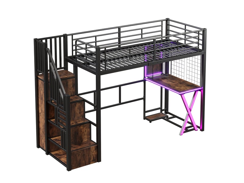  Lit mezzanine 90 x 200 cm avec bureau, armoire, led et escalier avec rangement, lit simple en métal noir avec étagères et garde-corps  - Conforama E