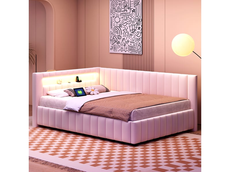 Lit banquette enfant rembourré 140 x 200 cm avec led et usb, velours beige Fay Lum - Conforama D