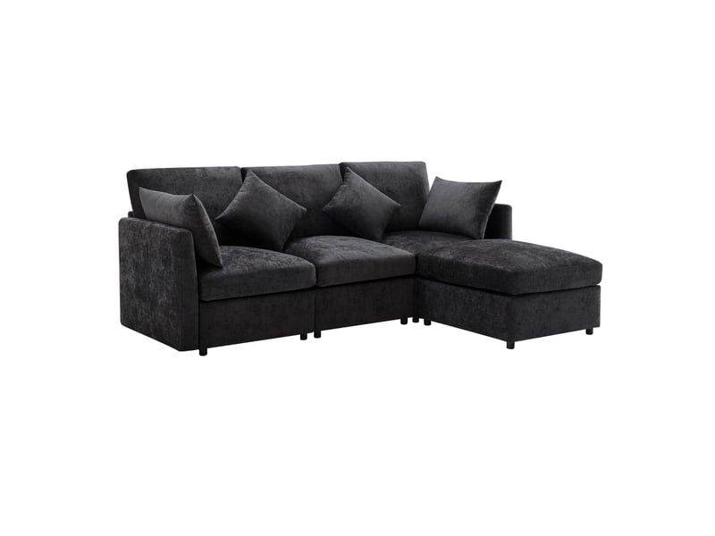  Canapé d'angle modenvie modulable 3 à 4 places avec pouf mobile en chenille gris 216 x 161 x 81 cm  - Conforama A