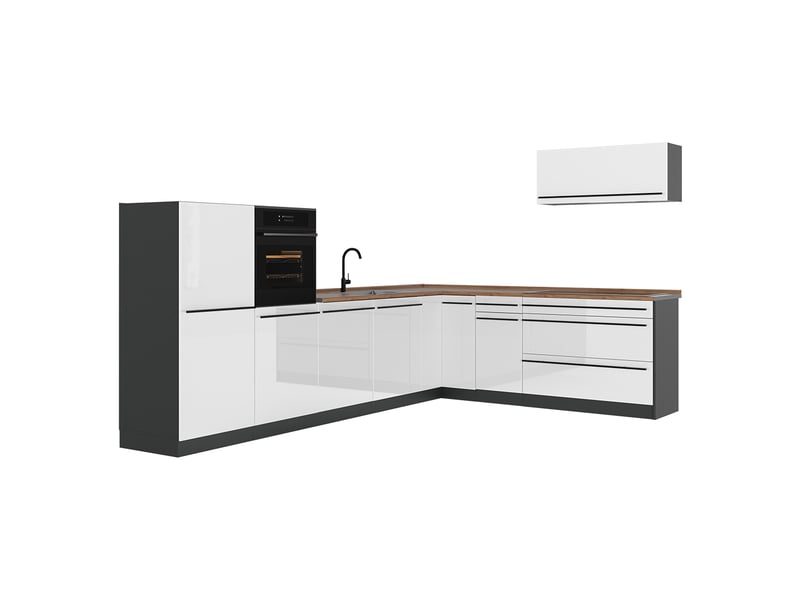  Vicco cuisine en angle, blanc haute brillanceanthracite, 327 x cm plan de travail chêne doré  - Conforama A