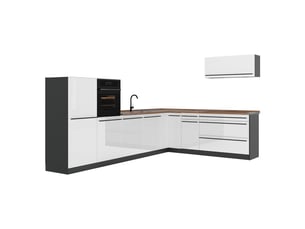 Vicco cuisine en angle, blanc haute brillanceanthracite, 327 x cm plan de travail chêne doré