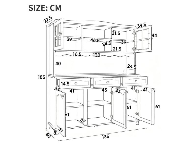  Buffet de cuisine 135 x 40 x 185 cm avec prises intégrées et éclairage led coloré, rangements modulables, gris vert  - Conforama C