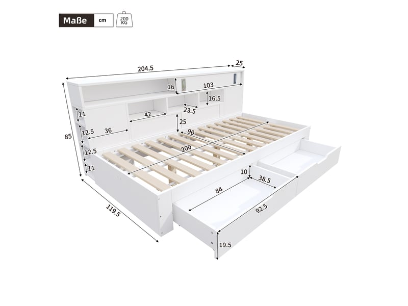 Lit banquette blanc avec rangement 90x200 cm - mdf - tiroirs et bibliothèque intégrée  - Conforama C