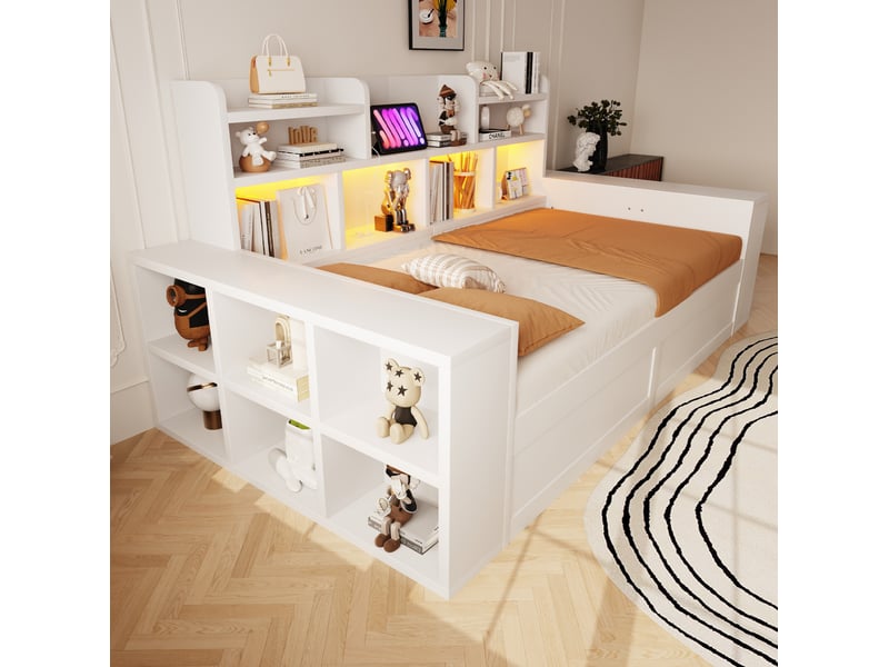  Canapé-lit multifonctionnel 90x200 cm avec rangement hydraulique, led et prises, mdf, coloris blanc vendu sans matelas  - Conforama D