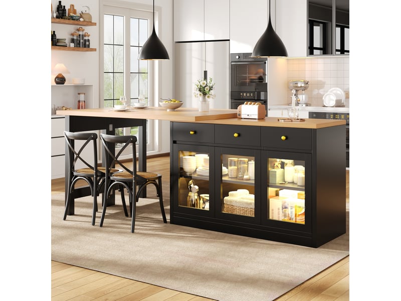 Îlot de cuisine extensible 120-200x40x75,5 cm, led, 3 tiroirs et 3 portes vitrées, desserte, mdf et métal, couleur noir - Conforama D