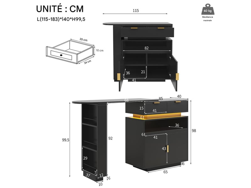  Table de bar extensible avec rangements et led en mdf noir 115-183x40x99,5 cm - pangivo  - Conforama C