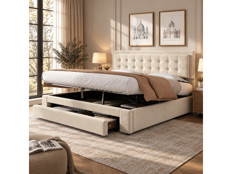  Lit avec caisson et tiroirs, tissu velours, lit rembourré, sommier à lattes, lit double, grand rangement, 160 x 200, beige Seren Glow - Conforama B