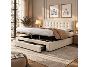 Lit avec caisson et tiroirs, tissu velours, lit rembourré, sommier à lattes, lit double, grand rangement, 160 x 200, beige