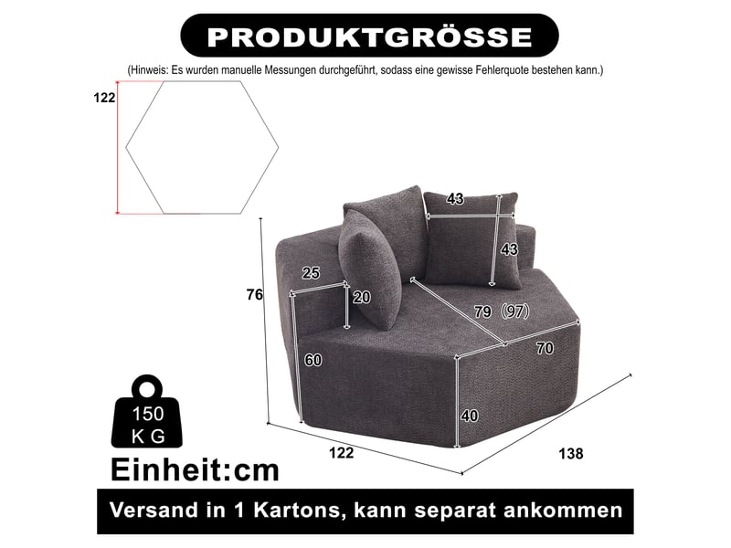  Fauteuil simple - 122x138x76cm - modulable en chenille bouclée avec 3 coussins &amp; ressorts ensachés - gris  - Conforama E