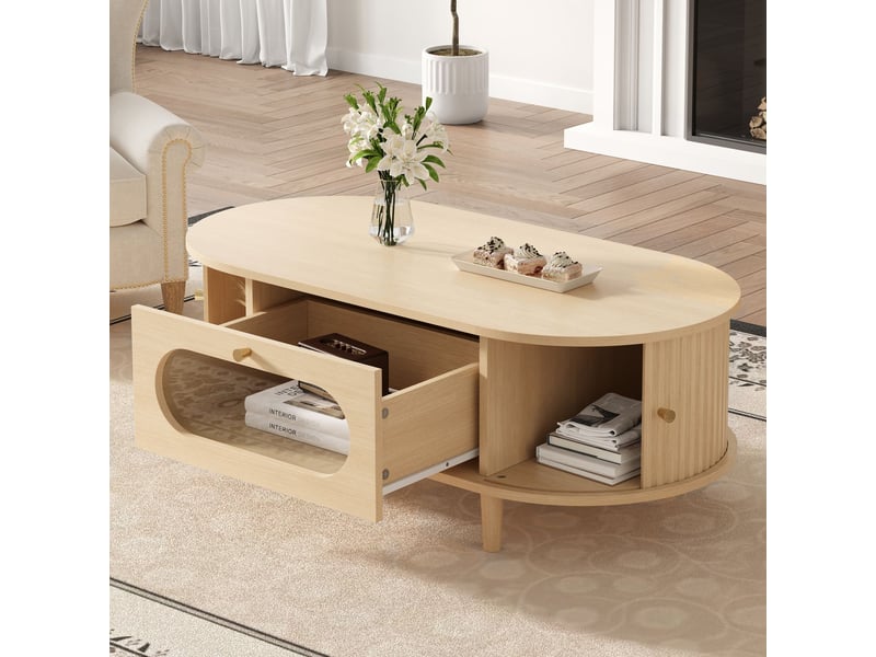  Table basse 100x50x40, coloris bois table basse salon, tiroir intégré, porte coulissante, 4 pieds de support  - Conforama A