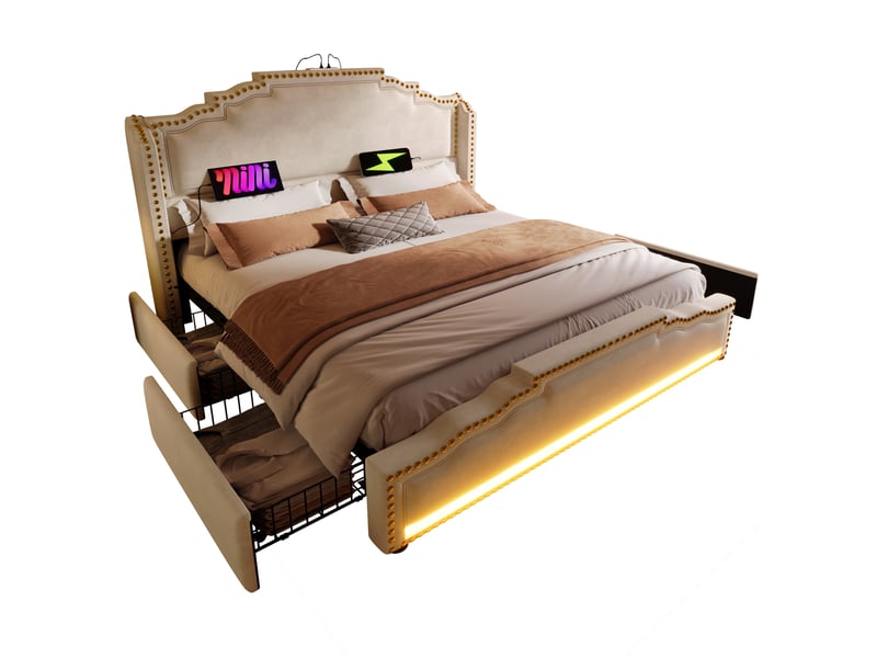  Modenvie lit double avec rangement 180x200 cm - 4 tiroirs, led et ports usb-c, sommier inclus - beige  - Conforama A