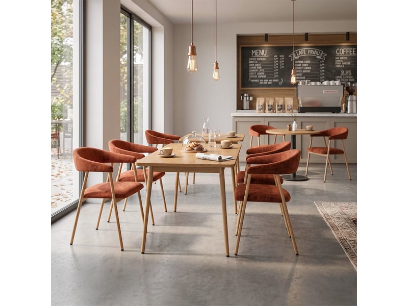  Chaises de salle à manger lot de 6 rembourrée en chenille, pieds en métal effet bois, rouge  - Conforama E