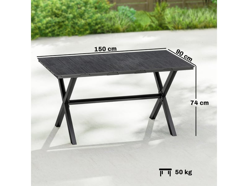  Table de jardin pour 6 personnes avec plateau à lattes en pehd et structure en métal, 150 x 90 x 74 cm, noire  - Conforama E