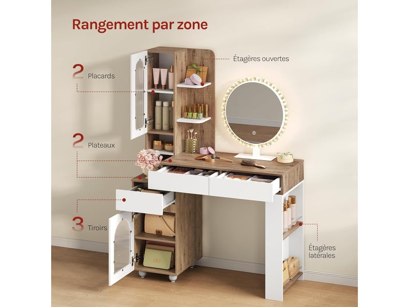  Coiffeuse avec miroir led - miroir rond mobile - chêne clair et blanc - coiffeuse polyvalent  - Conforama E