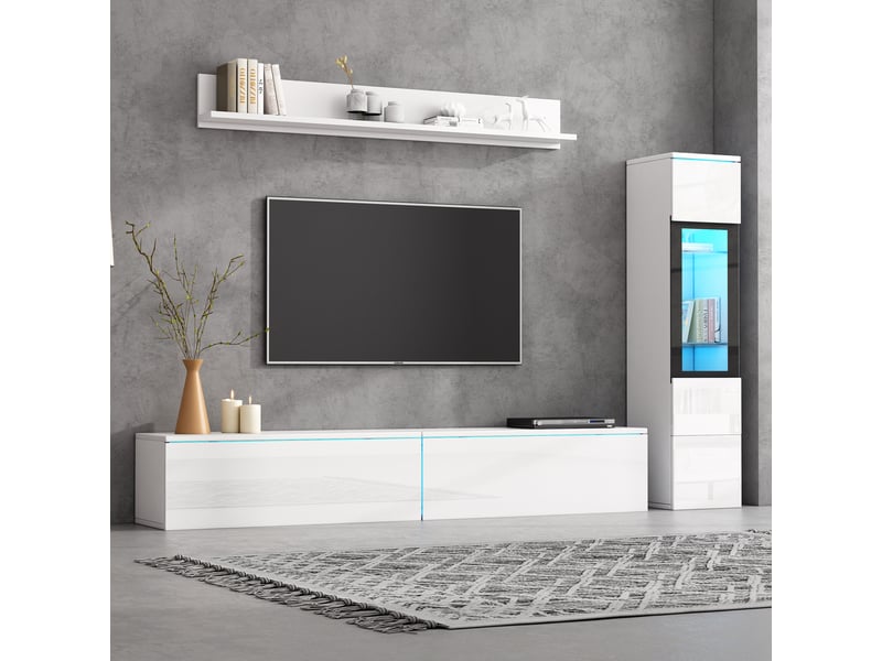  Ensemble meuble tv mural 3 pièces blanc brillant avec led, meuble tv, vitrine et étagère suspendue pour salon  - Conforama B