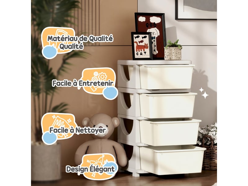  Organisateur de jouets pour enfants avec 4 tiroirs à 4 niveaux, boîtes de rangement en plastique, crème, 37 x 37 x 76 cm  - Conforama W
