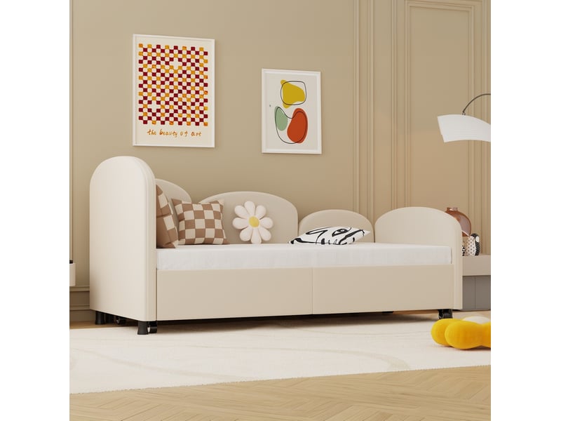  Lit banquette enfant tcqpz avec tiroirs de rangement 90 x 200 cm velours beige  - Conforama D